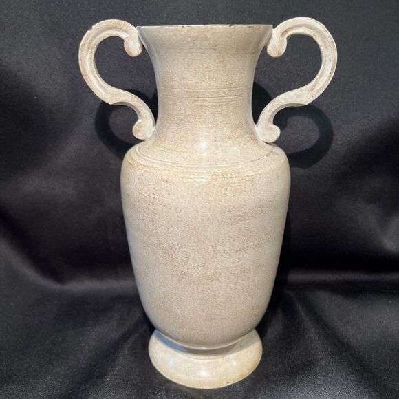 Vintage Double Handle Metal Vase Stone Color Home Accents Decor India Made 9” T - Picture 5 of 13